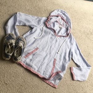 LANDS END CANVAS 1963/LINEN BLUE & WHITE SEERSUCKERwRED TRIM HOODIE